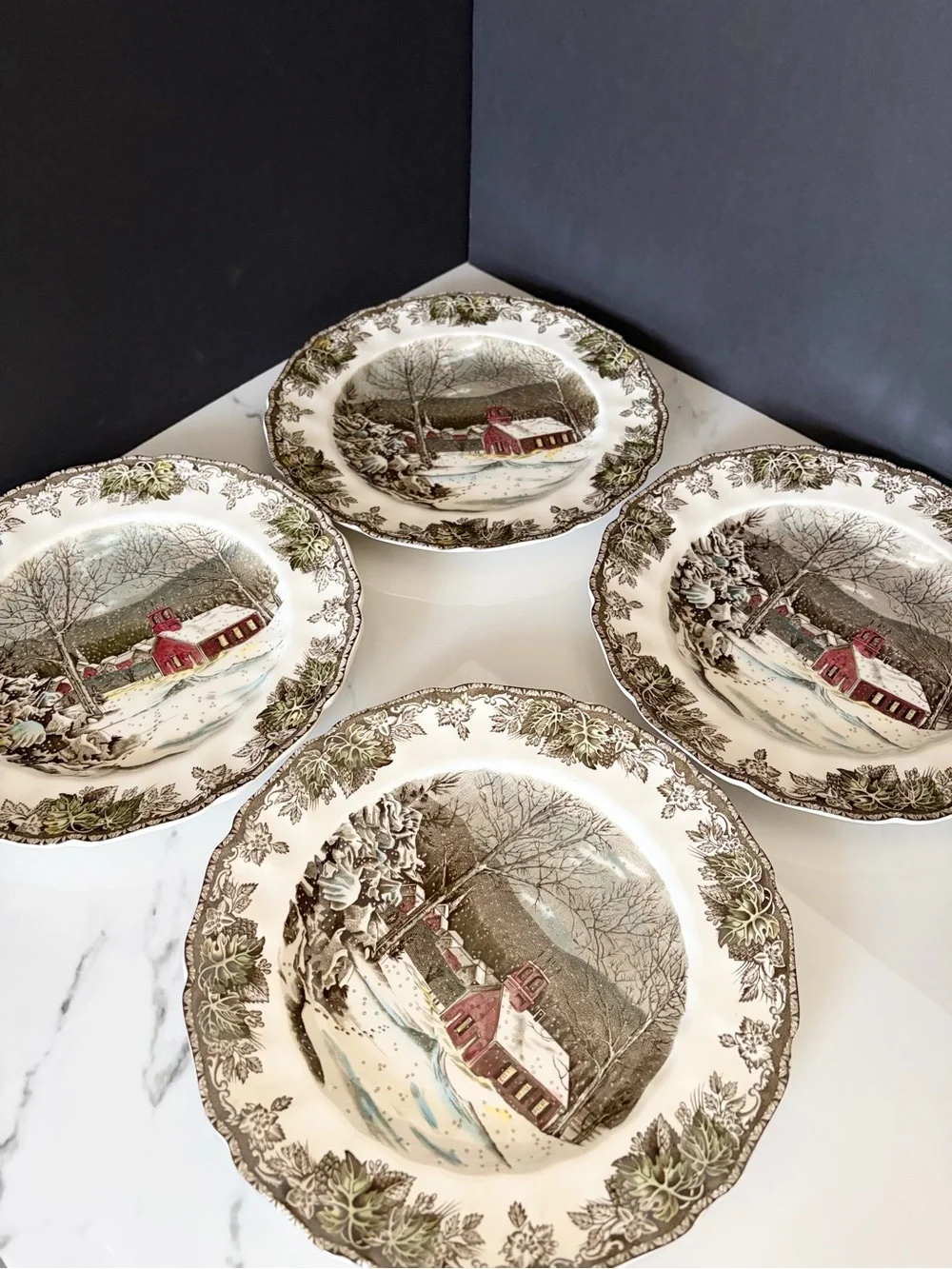 SET of 4 Friendly Village Dinner Plates - The School House - by Johnson Brothers
